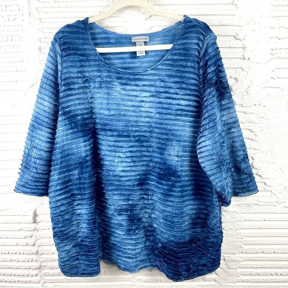 Catherines‎ Blue Tie Dye 3/4 Sleeves Ribbed Ruffle Crewneck Top Size 14/16W